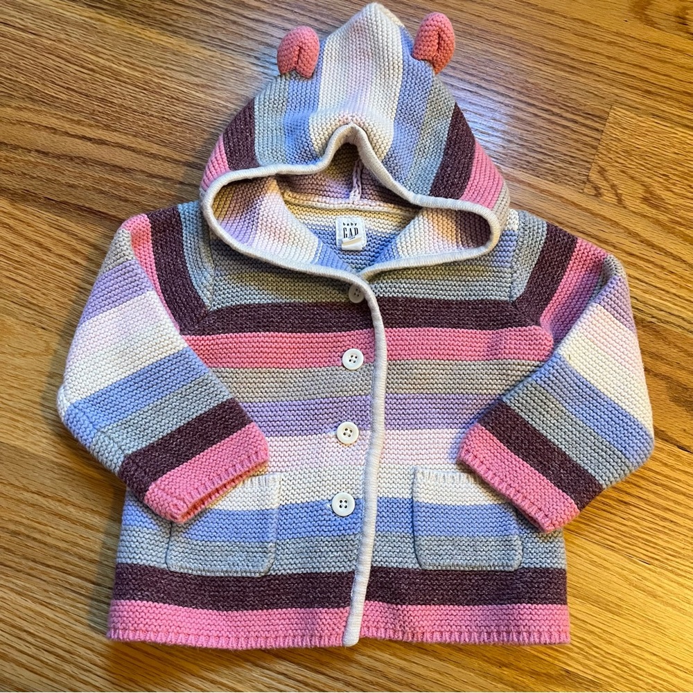 Baby Gap multicolor striped knit cardigan bear ears hoodie size 12-18 months